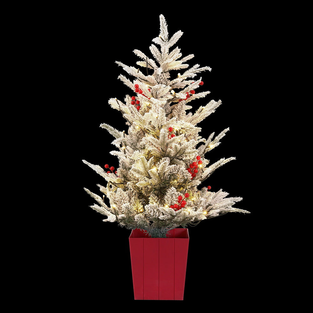 Jingle Jollys Christmas Tree 1M LED Potted Xmas Party Decor Red Barries Flocked - Image 3