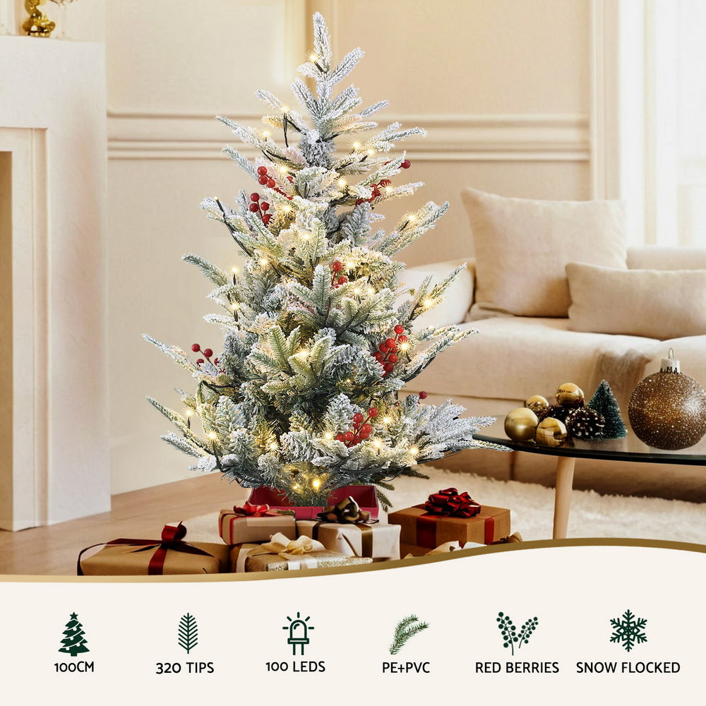 Jingle Jollys Christmas Tree 1M LED Potted Xmas Party Decor Red Barries Flocked - Image 4