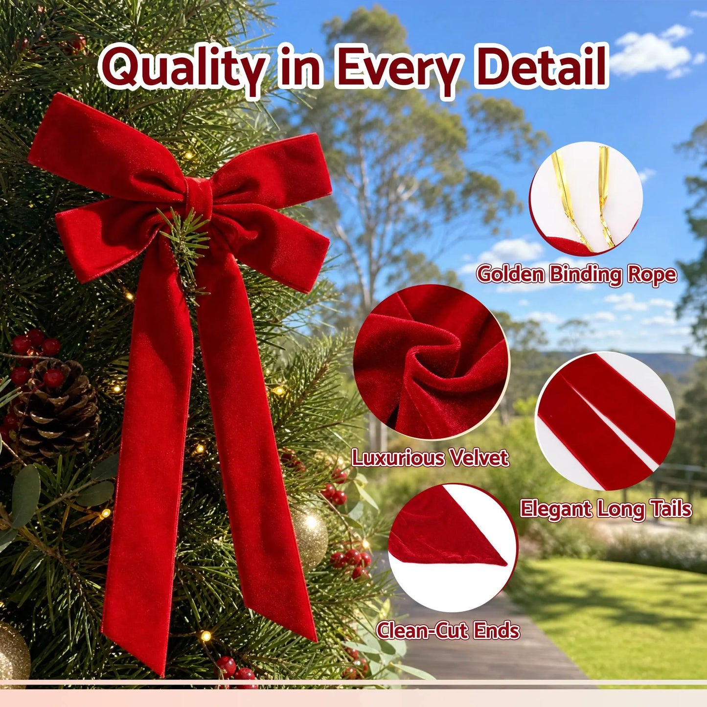 Jingle Jollys 12Pcs Red Velvet Christmas Bows Tree Decorations Xmas Decor - Image 6