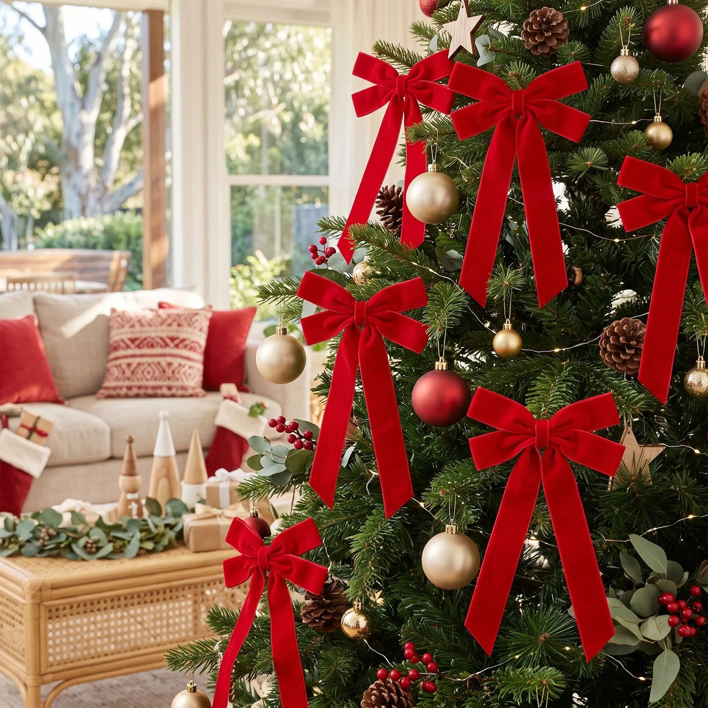 Jingle Jollys 12Pcs Red Velvet Christmas Bows Tree Decorations Xmas Decor - Image 9