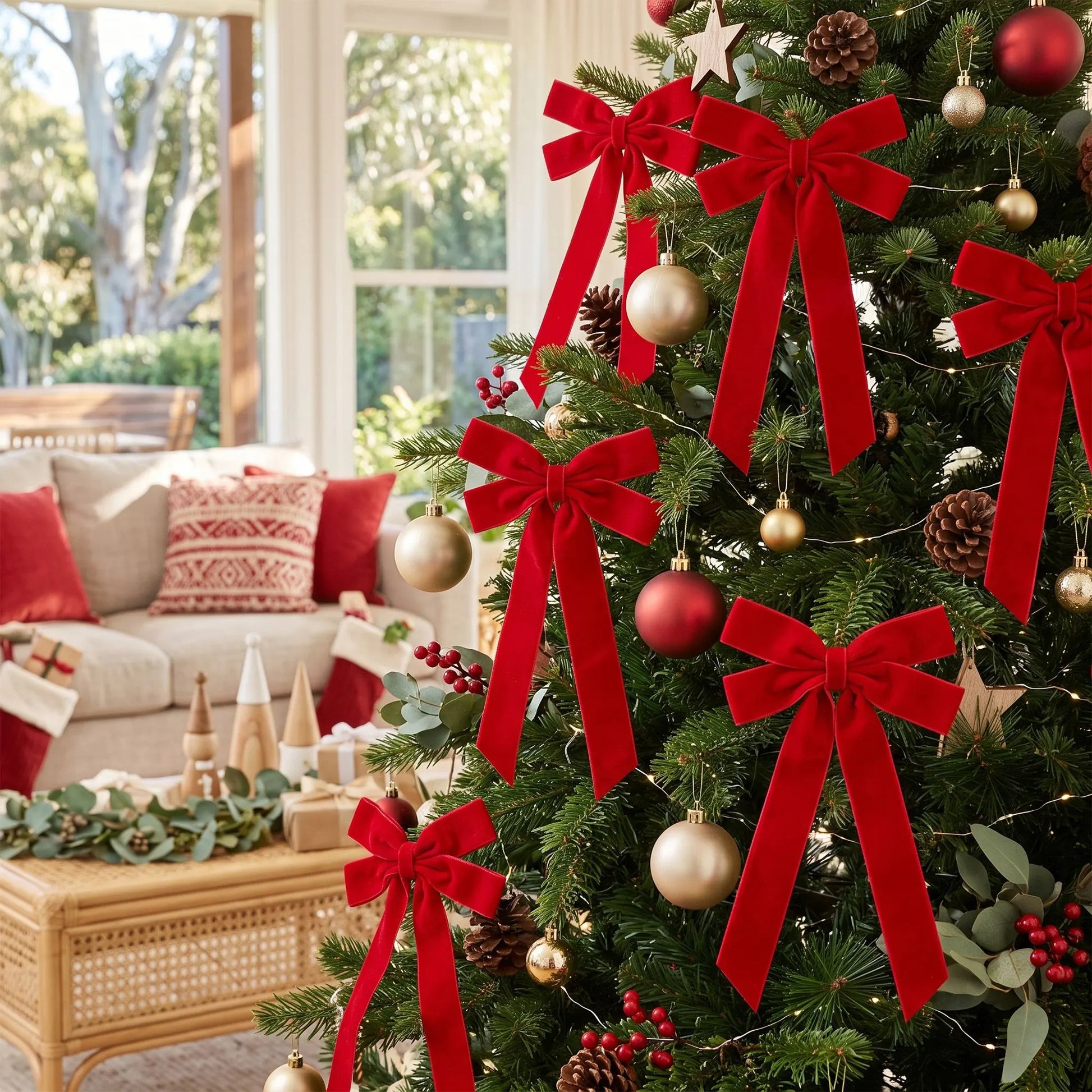 Jingle Jollys 12Pcs Red Velvet Christmas Bows Tree Decorations Xmas Decor - Image 9