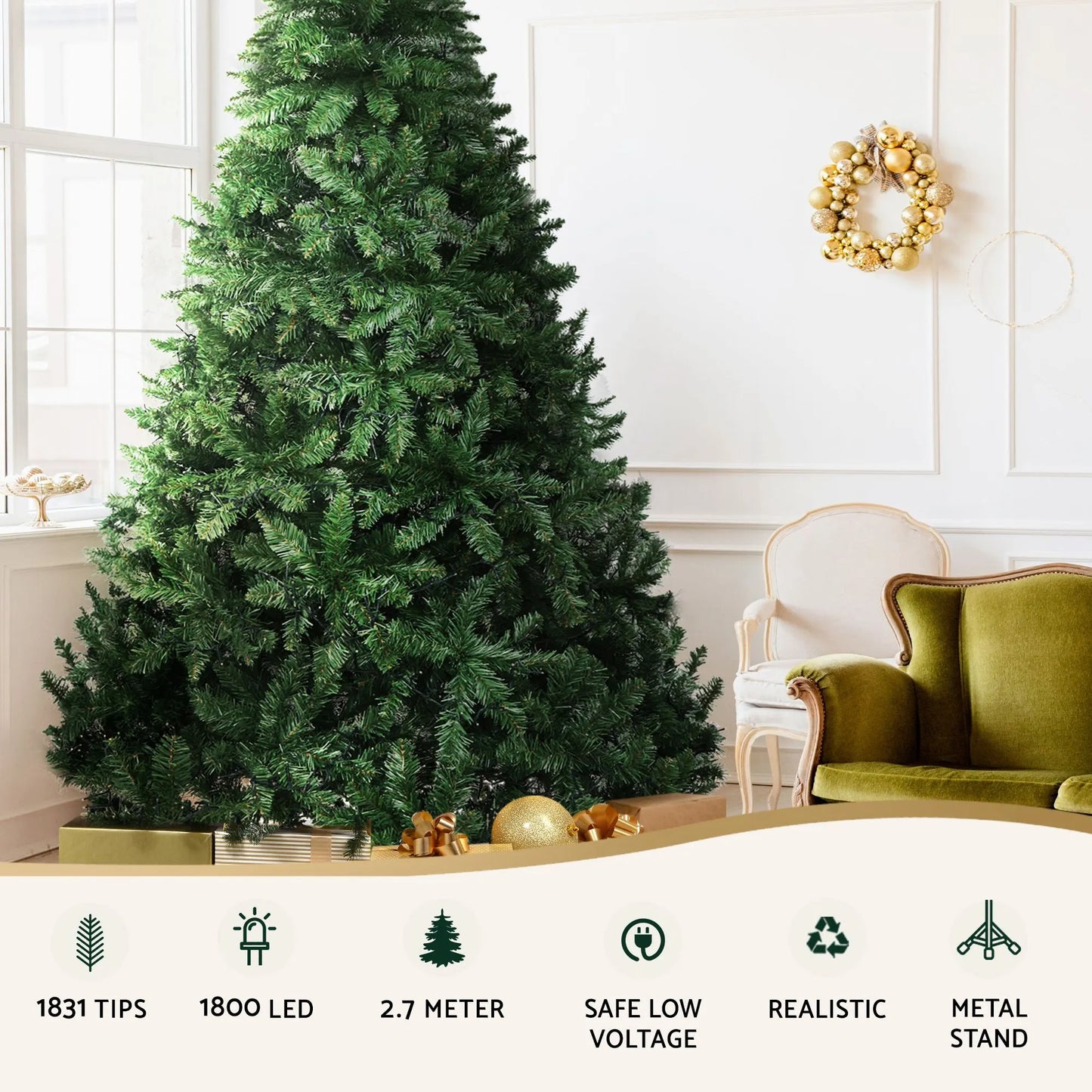 Jingle Jollys Christmas Tree 2.7m Xmas Tree Decorations 1800 LEDs 1831 Tips 8 Light Modes - Image 5