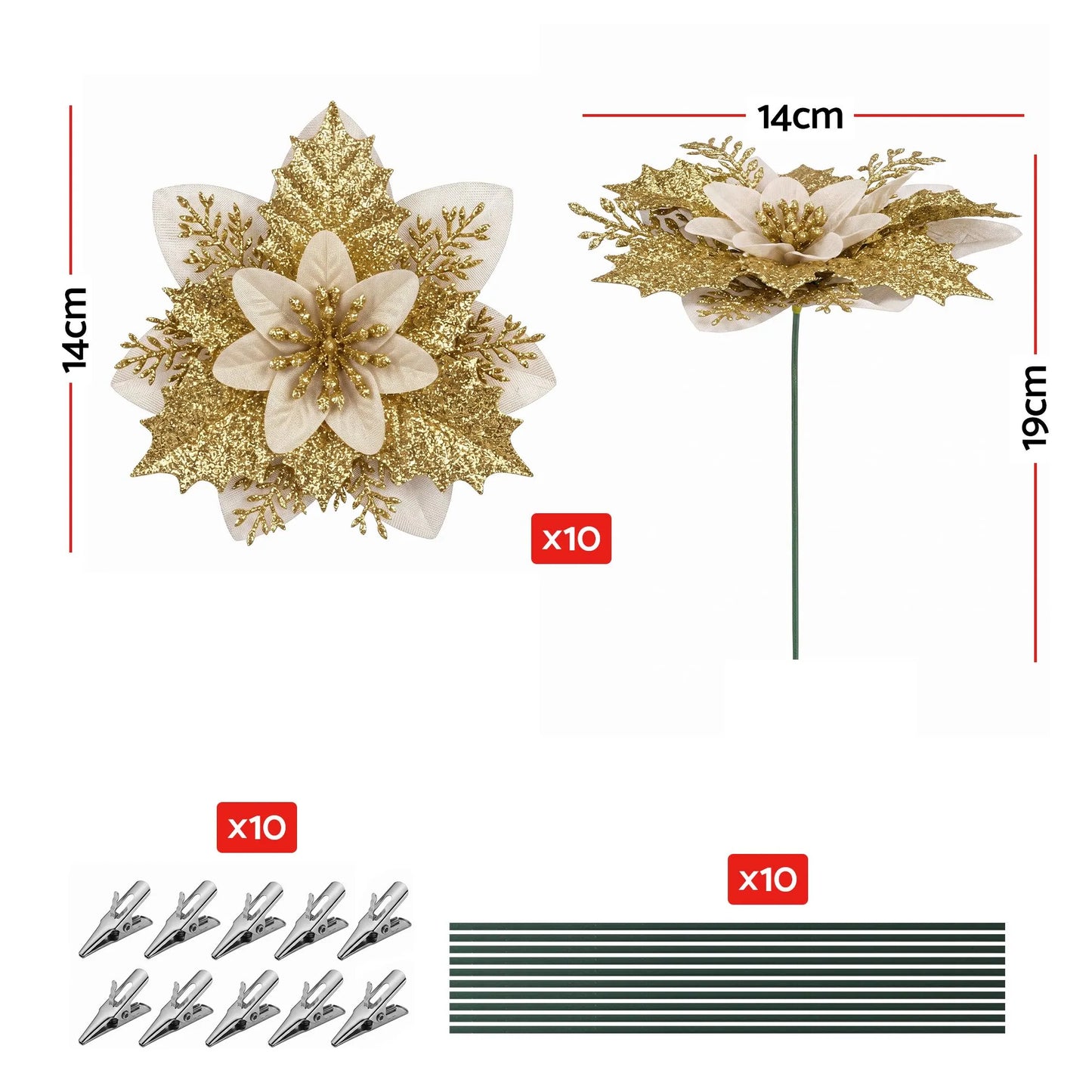 Jingle Jollys 10Pcs Christmas Tree Flower Set Garland Wreath Poinsettia Decorations - Image 2