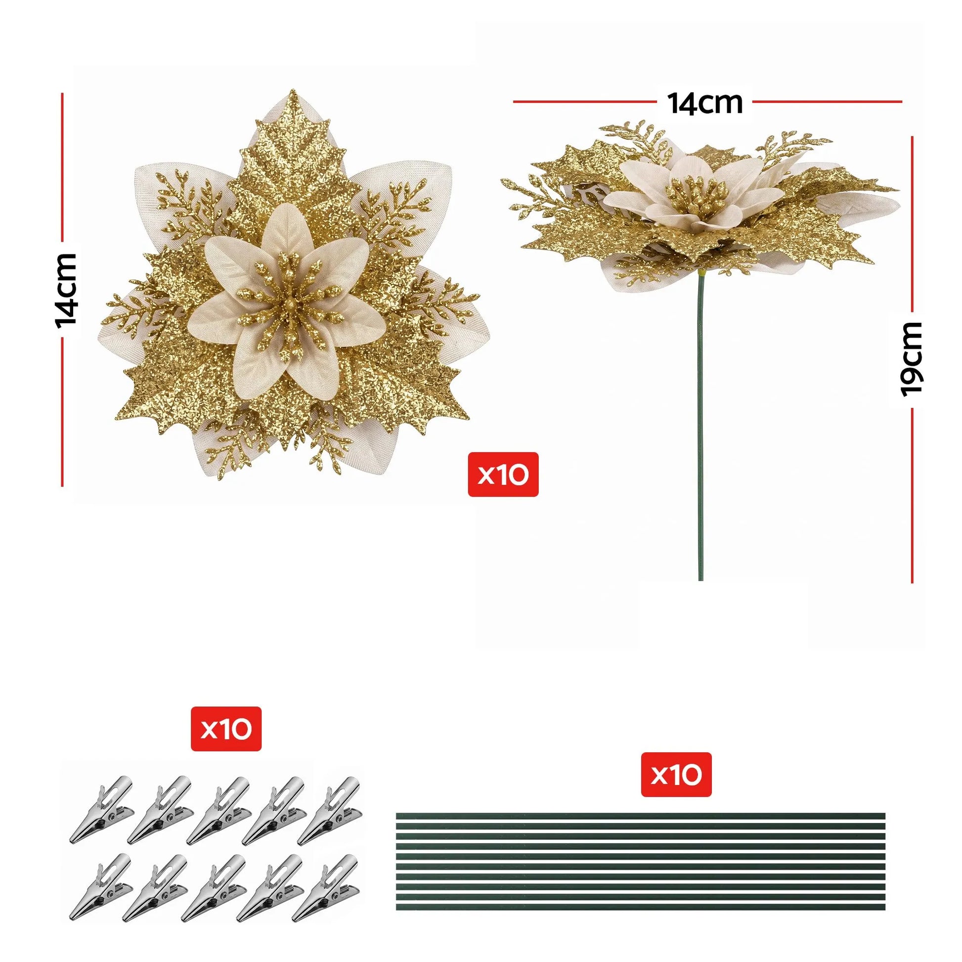 Jingle Jollys 10Pcs Christmas Tree Flower Set Garland Wreath Poinsettia Decorations - Image 2