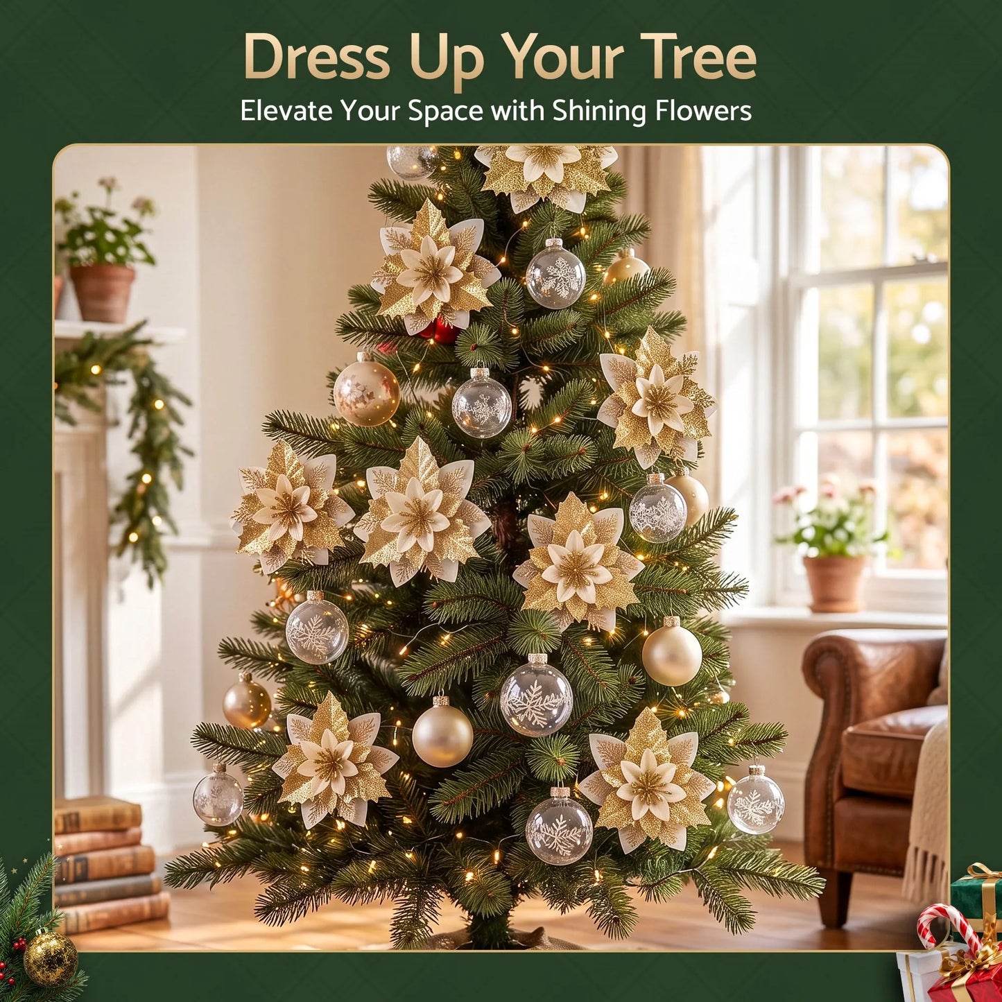 Jingle Jollys 10Pcs Christmas Tree Flower Set Garland Wreath Poinsettia Decorations - Image 5