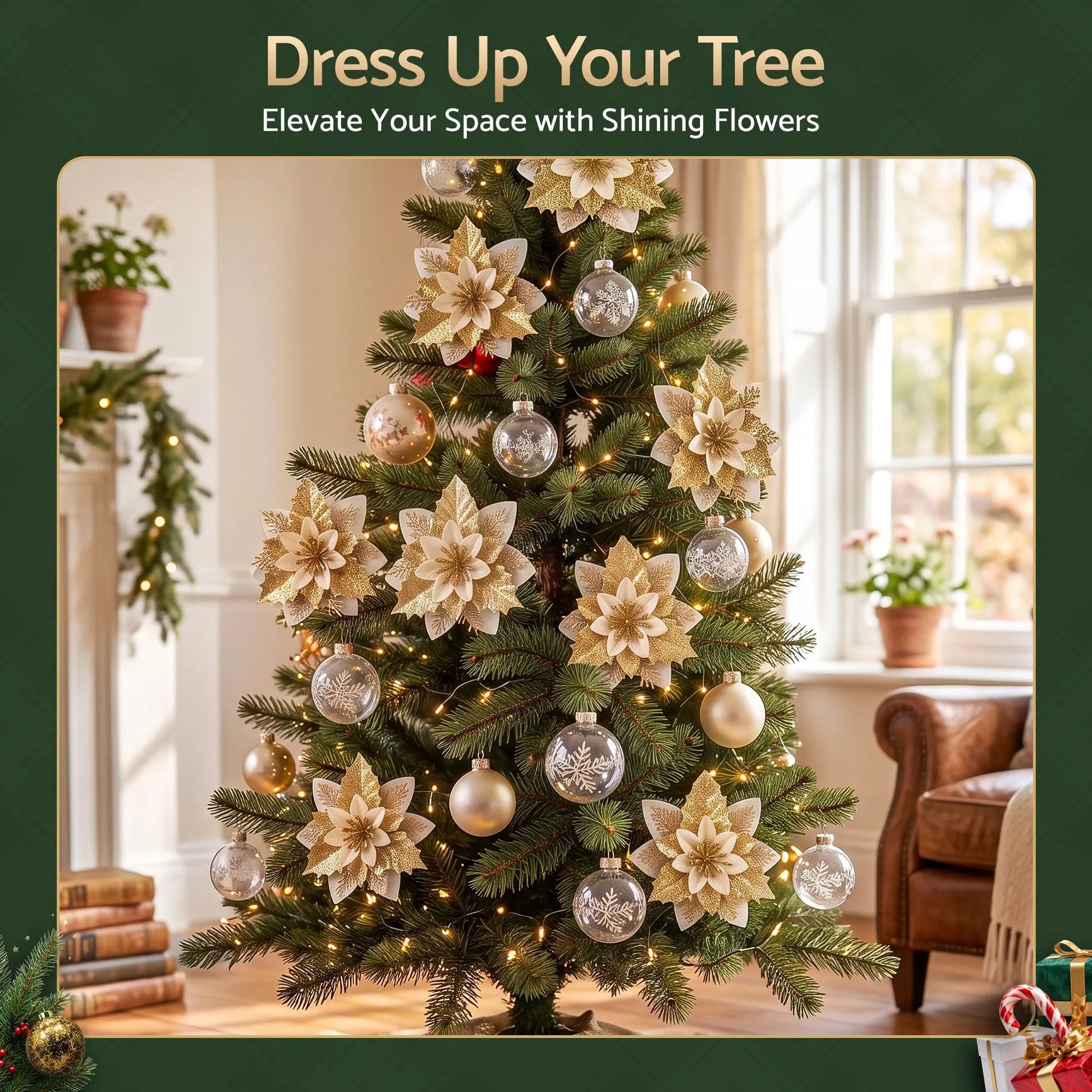 Jingle Jollys 10Pcs Christmas Tree Flower Set Garland Wreath Poinsettia Decorations - Image 5