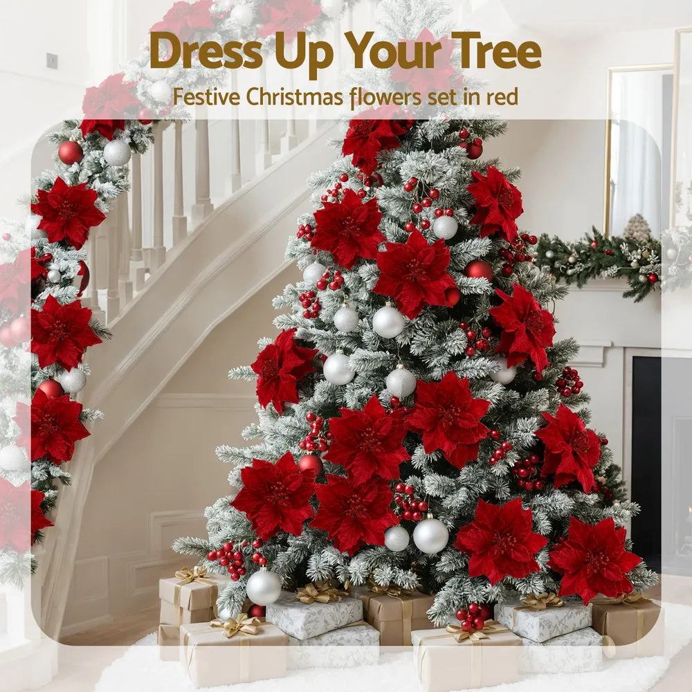 Jingle Jollys 14Pcs Christmas Tree Flowers Set Xmas Garland Wreath Ornaments Red - Image 4