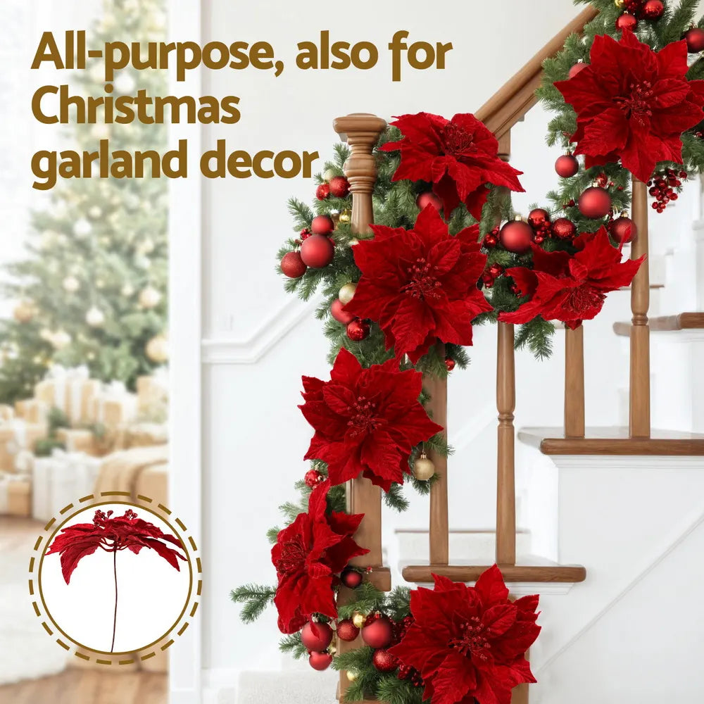 Jingle Jollys 14Pcs Christmas Tree Flowers Set Xmas Garland Wreath Ornaments Red - Image 5