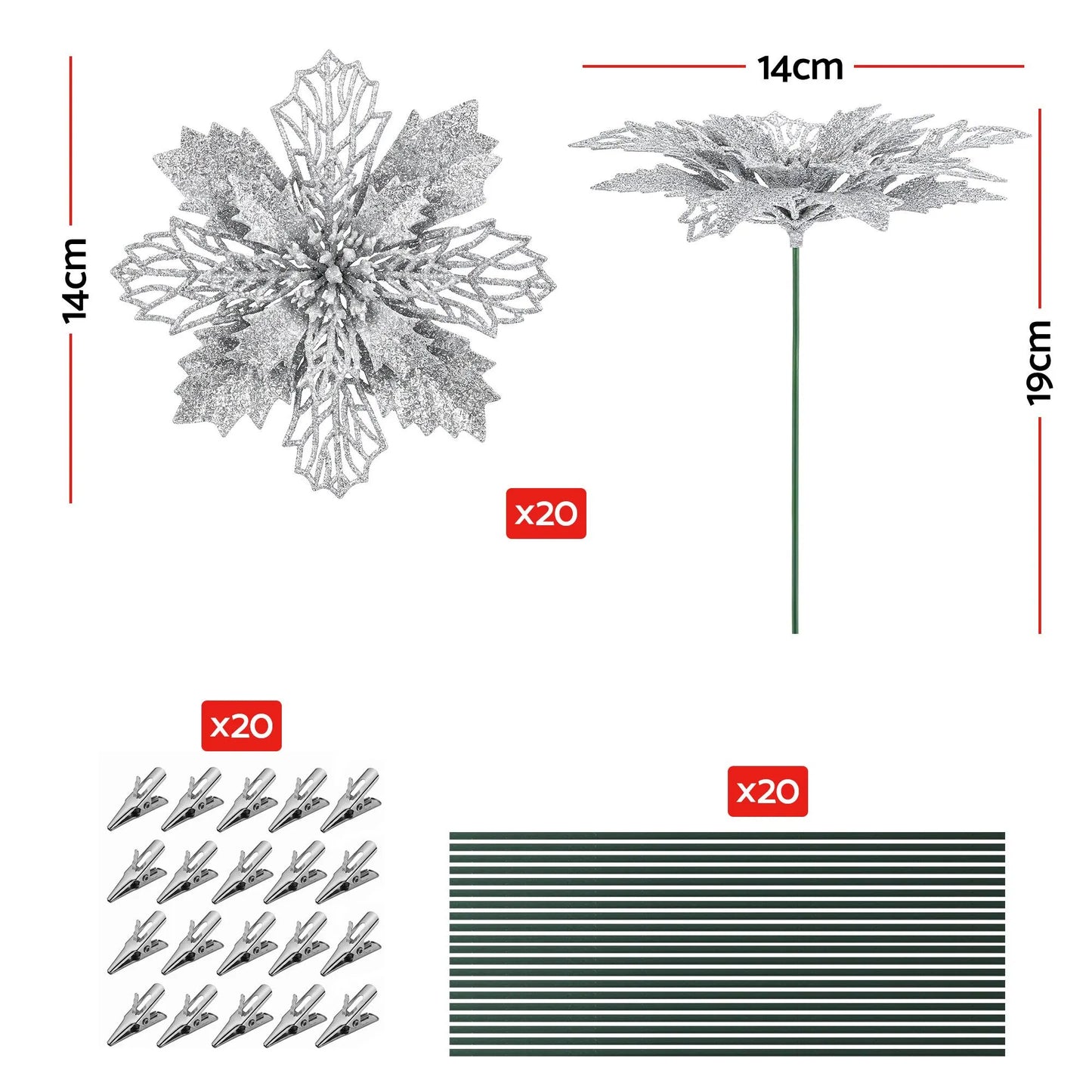 Jingle Jollys 20Pcs Christmas Tree Flower Set Garland Wreath Poinsettia Decorations - Image 2