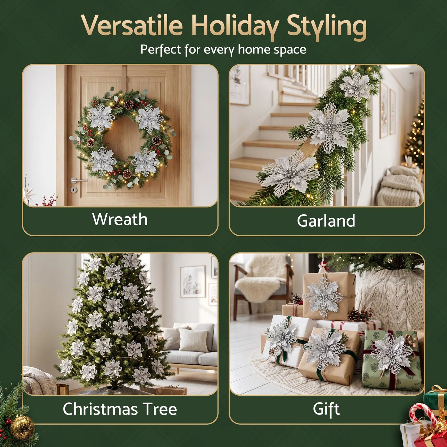 Jingle Jollys 20Pcs Christmas Tree Flower Set Garland Wreath Poinsettia Decorations - Image 6