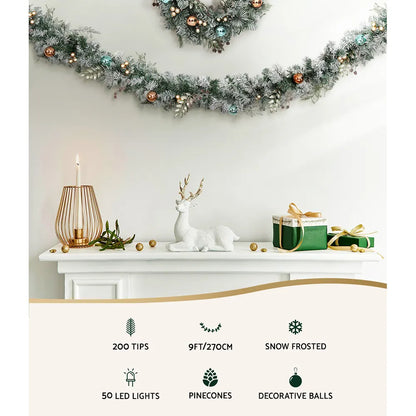 Jingle Jollys 2.7m Christmas Garland with LED Lights Snowy Decoration Xmas Party - Image 3