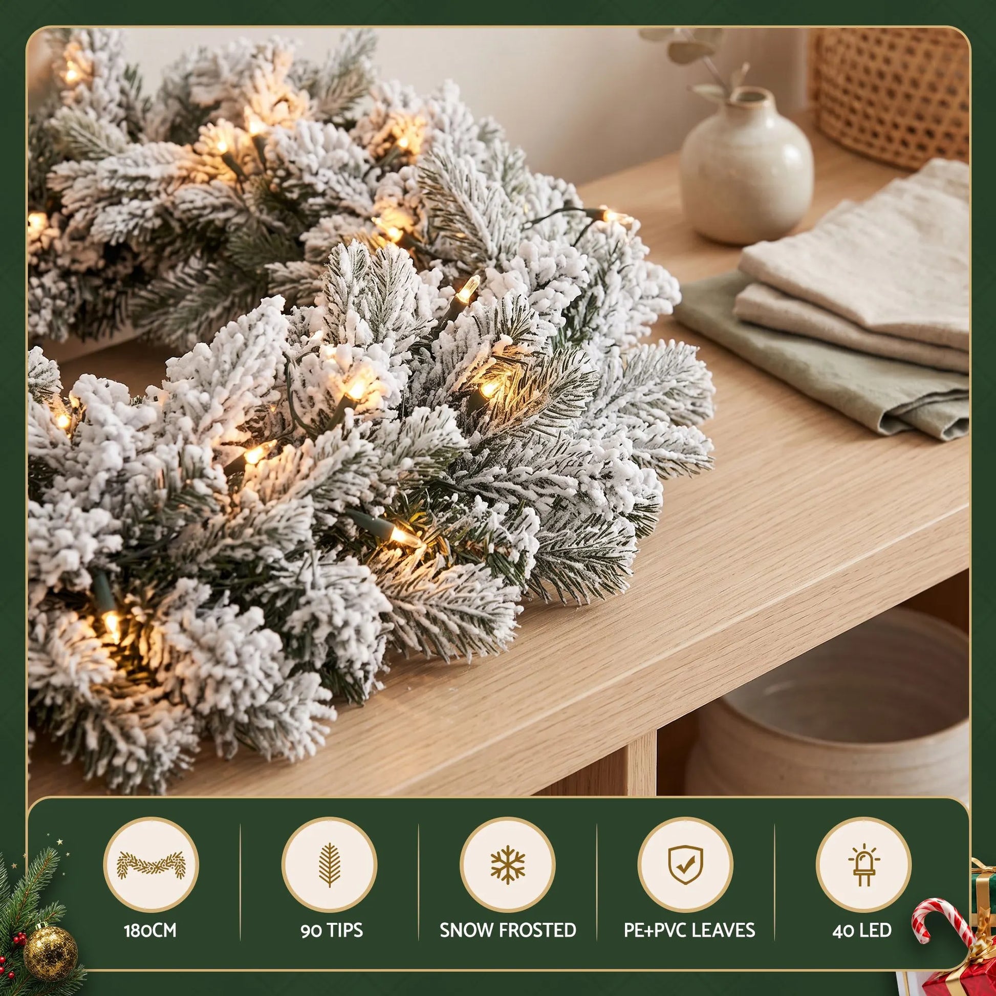 Jingle Jollys 1.8M Christmas Garland 8 Mode LED Snow Frosted Tips Auto Timing  - Image 5