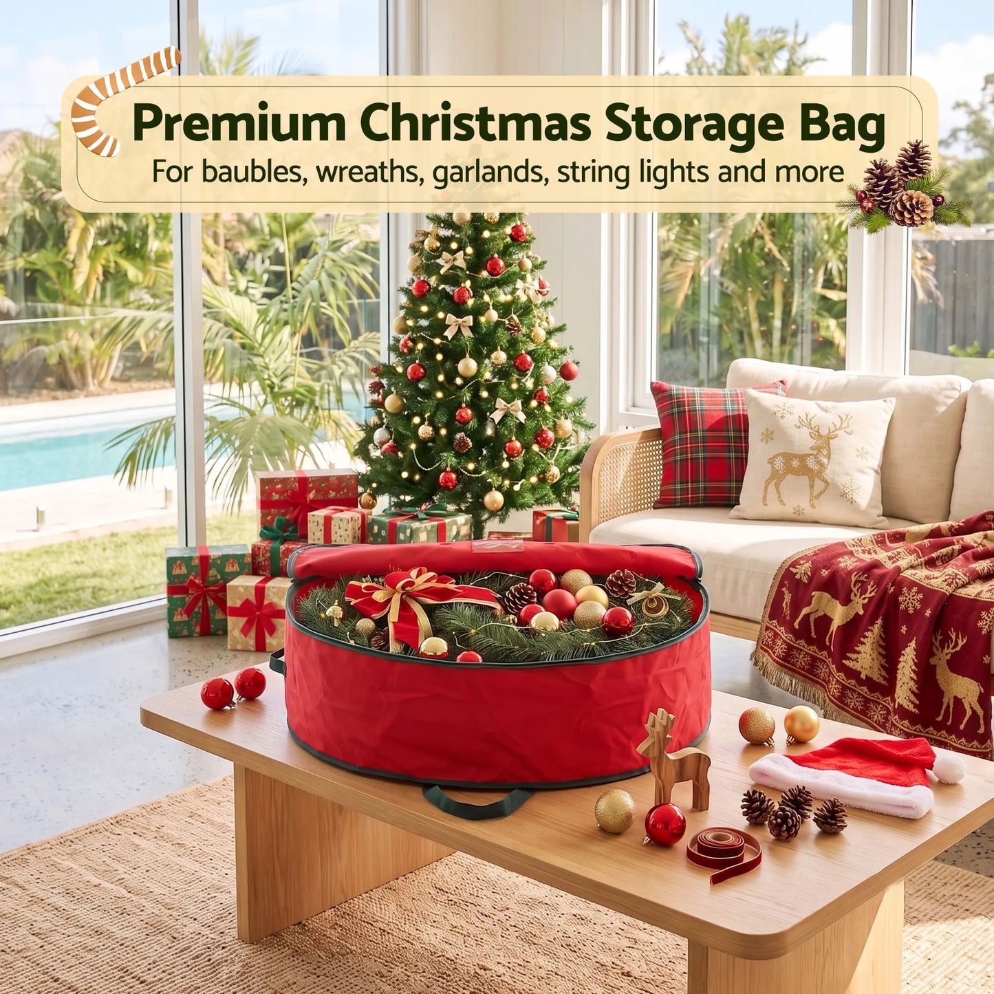 Jingle Jollys Christmas Garland Wreath Storage Bag Baubles Ornaments Container - Image 5