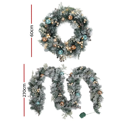 Jingle Jollys 2.7m Christmas Garland with Wreath Set LED Lights Snowy Xmas Decor - Image 2