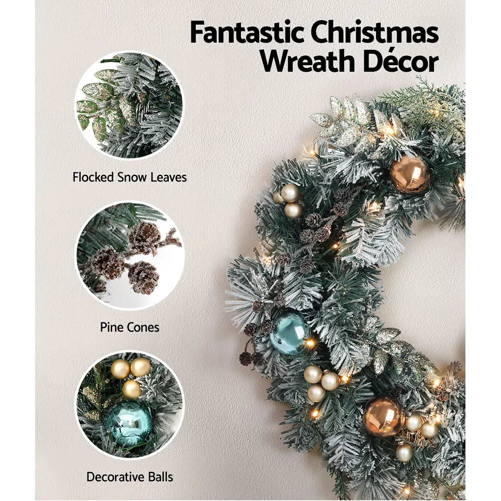 Jingle Jollys 2.7m Christmas Garland with Wreath Set LED Lights Snowy Xmas Decor - Image 5