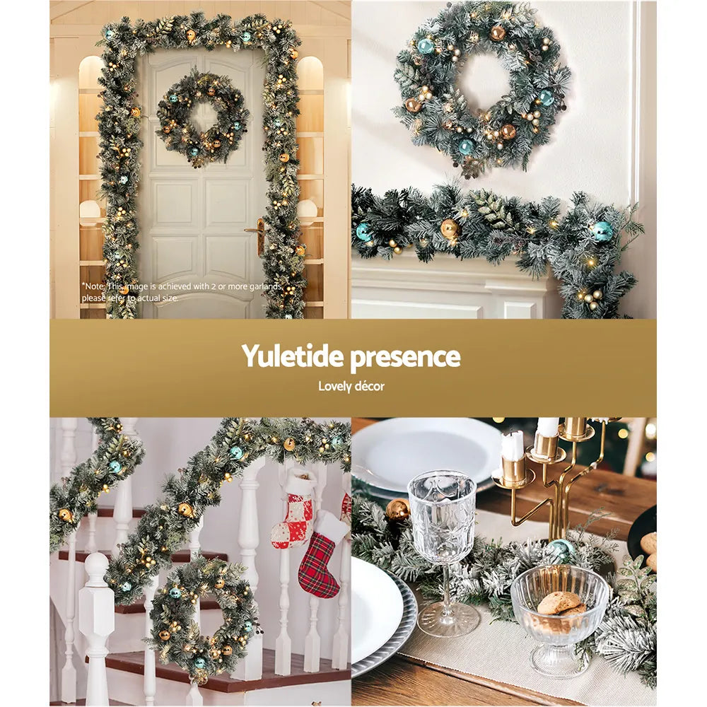 Jingle Jollys 2.7m Christmas Garland with Wreath Set LED Lights Snowy Xmas Decor - Image 6