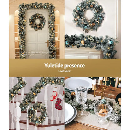 Jingle Jollys 2.7m Christmas Garland with Wreath Set LED Lights Snowy Xmas Decor - Image 6