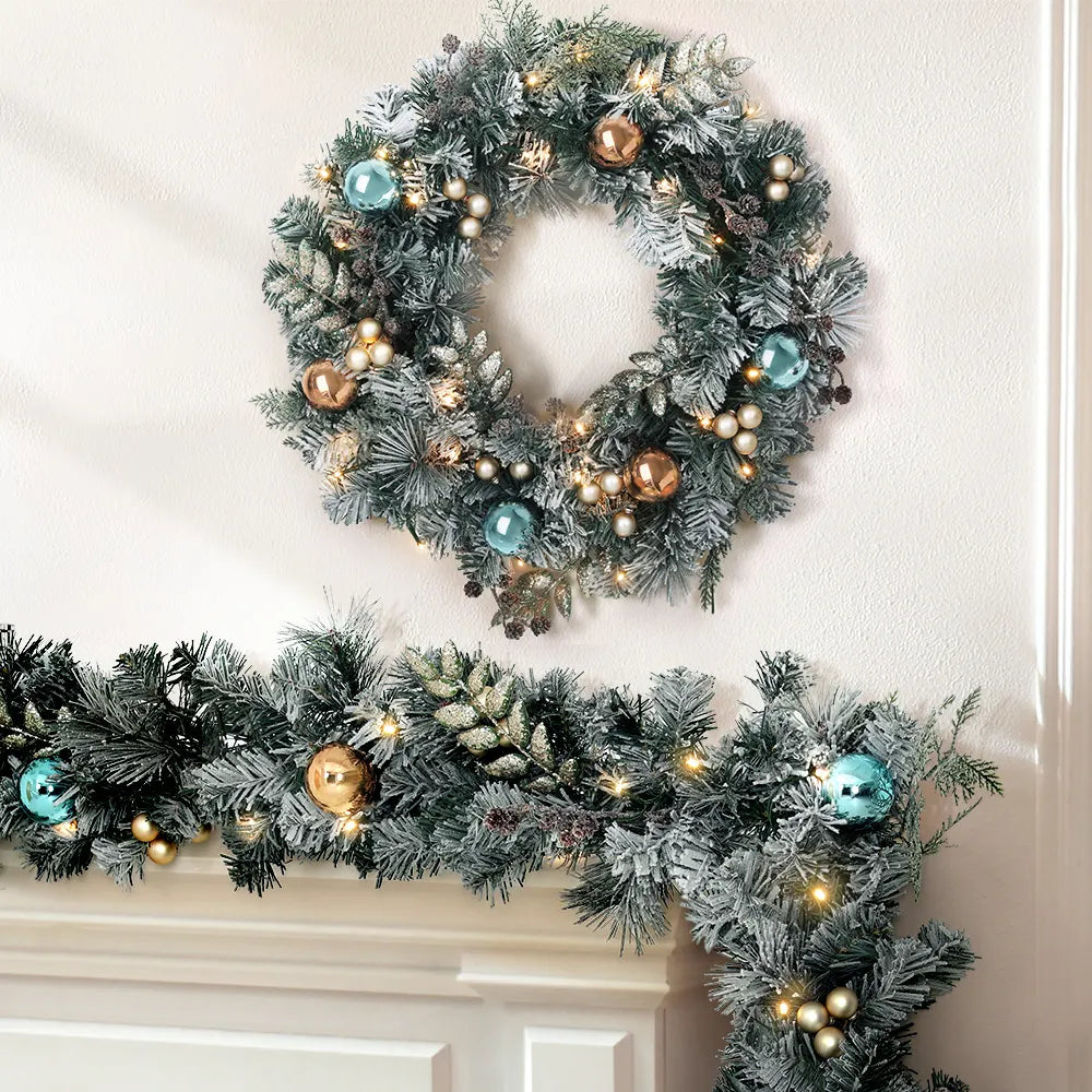 Jingle Jollys 2.7m Christmas Garland with Wreath Set LED Lights Snowy Xmas Decor - Image 7