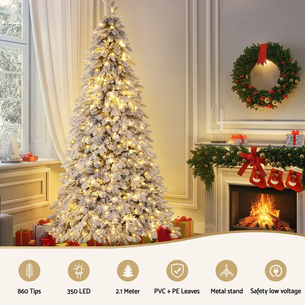 Jingle Jollys Christmas Tree 2.1m Flocking Pencil Tree LED Xmas 860 Tips White - Image 4