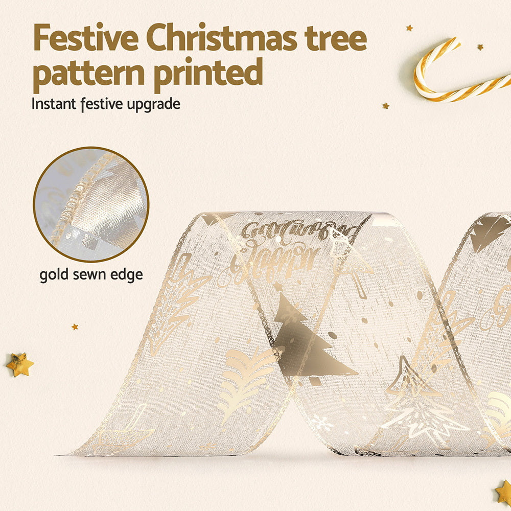 Jingle Jollys 20M Christmas Ribbon Roll Bow Printed Xmas Tree Decor Gift Gold - Image 4