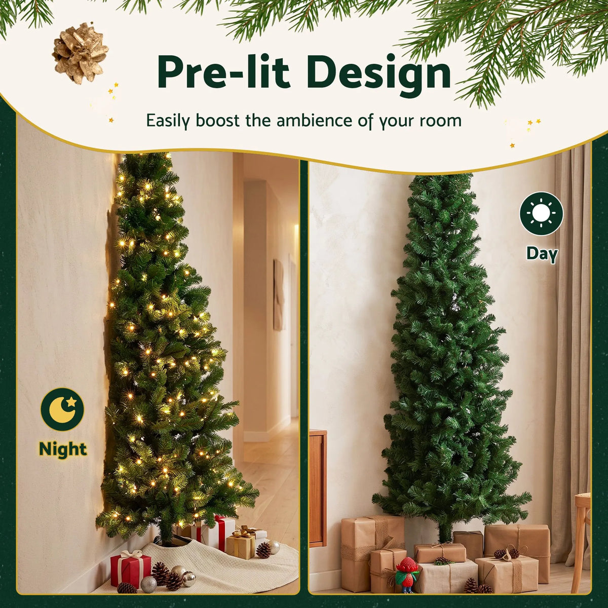 Jingle Jollys 2.4m Pre-Lit Christmas Tree Slim Pencil Xmas Tree Corner Tree - Image 6