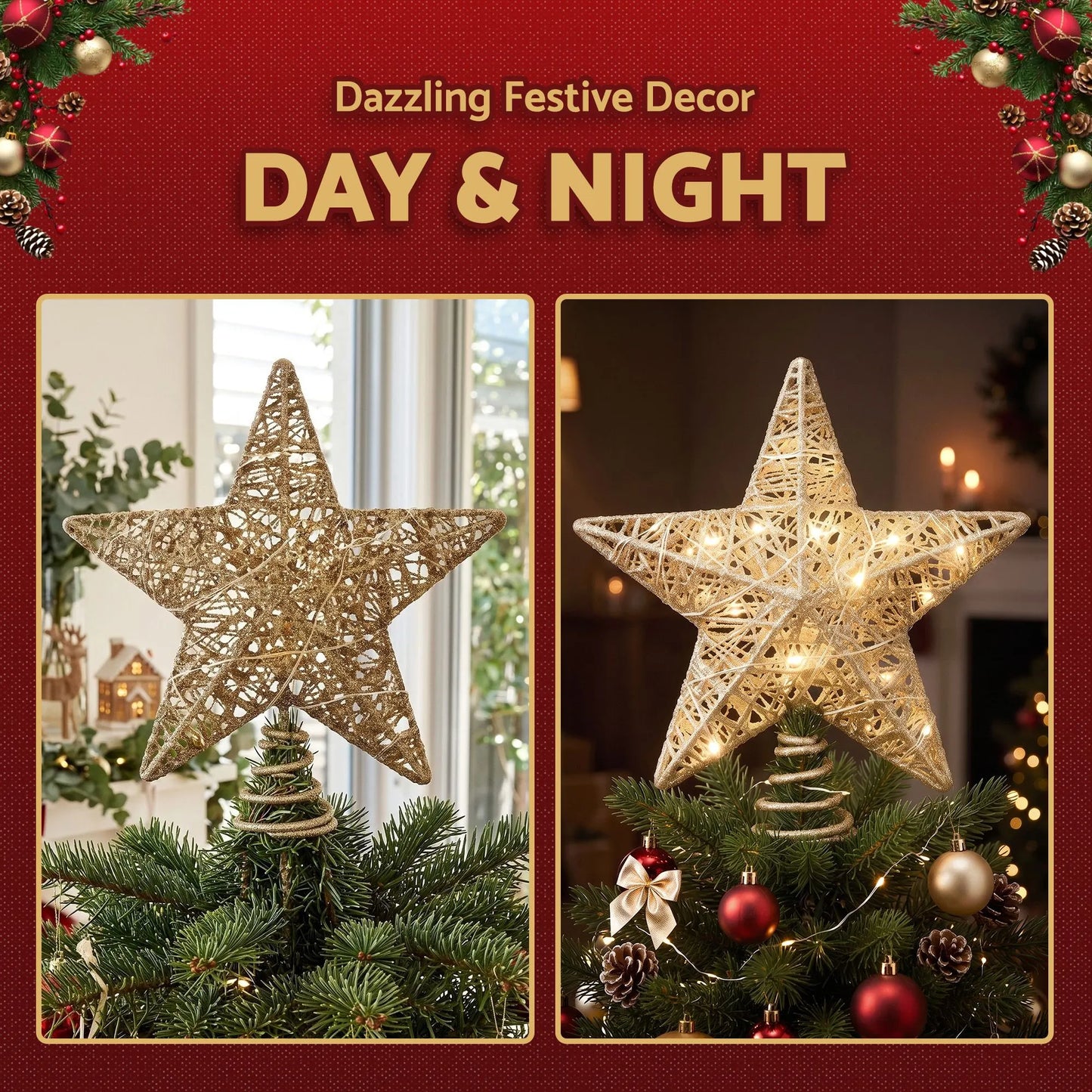 Jingle Jollys 3D Christmas Tree Topper Star 20 Warm LED Lights Gold Glitter - Image 5