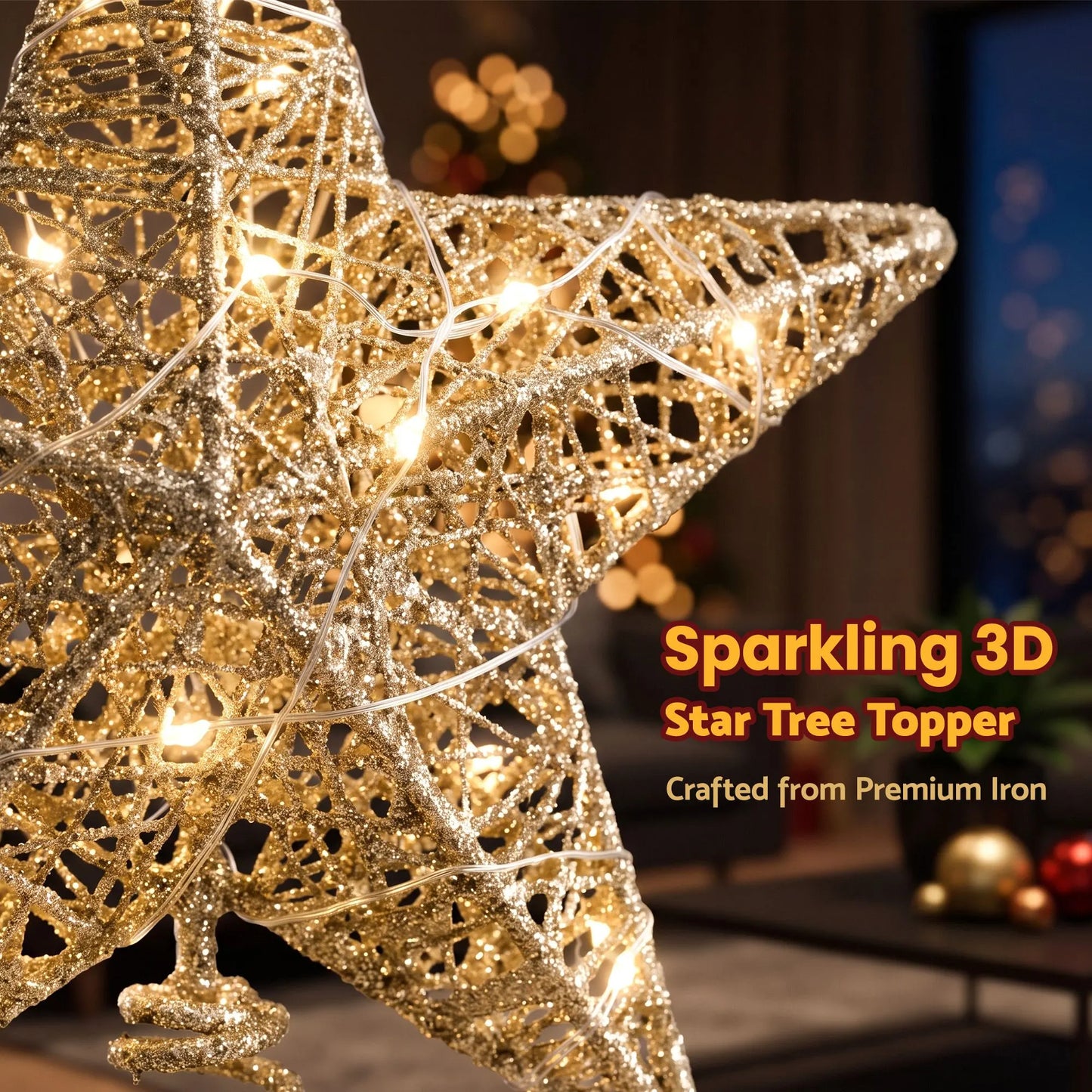 Jingle Jollys 3D Christmas Tree Topper Star 20 Warm LED Lights Gold Glitter - Image 7