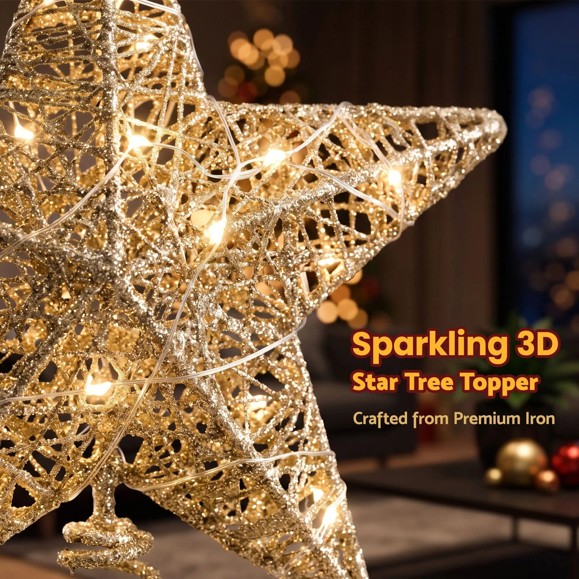 Jingle Jollys 3D Christmas Tree Topper Star 20 Warm LED Lights Gold Glitter - Image 7