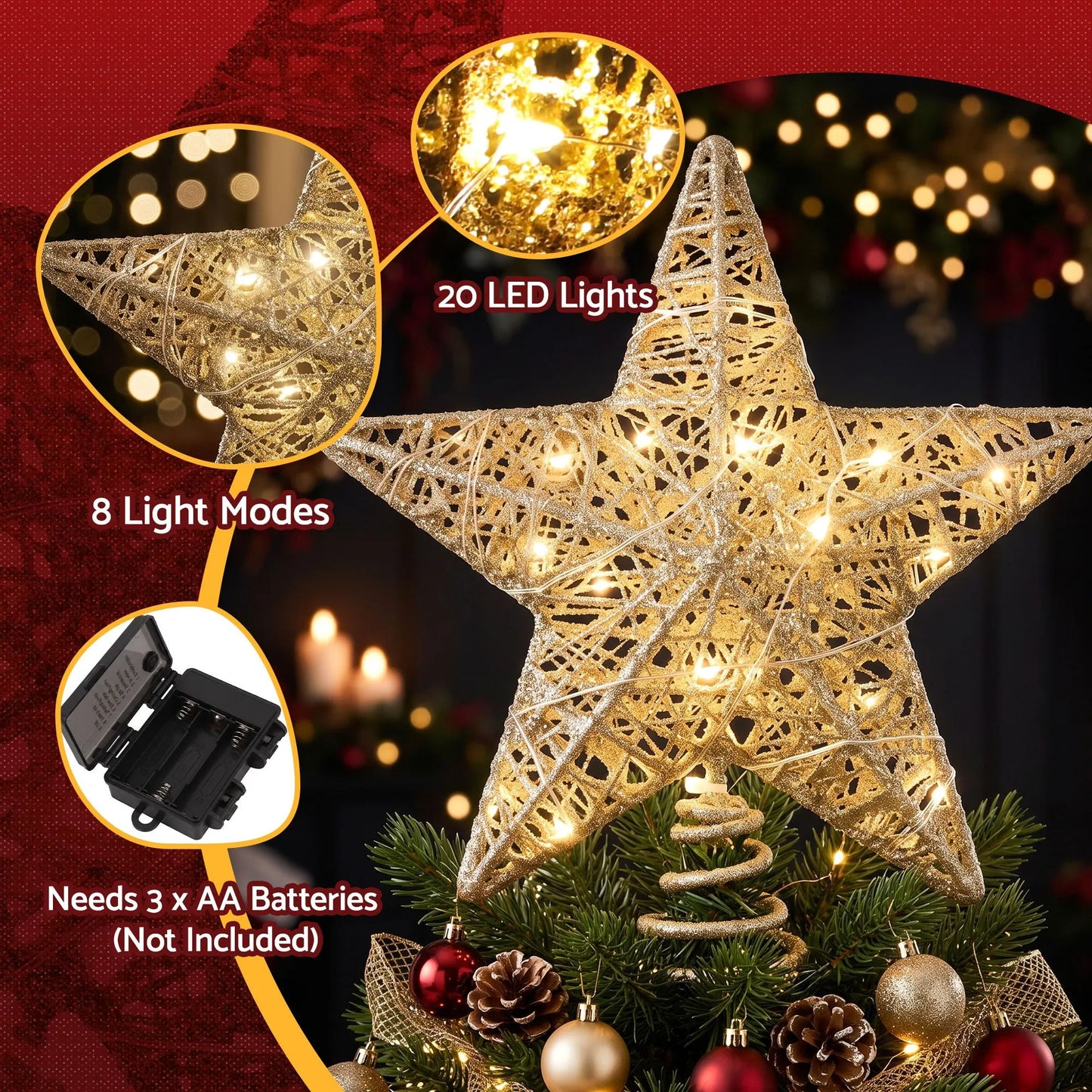 Jingle Jollys 3D Christmas Tree Topper Star 20 Warm LED Lights Gold Glitter - Image 8
