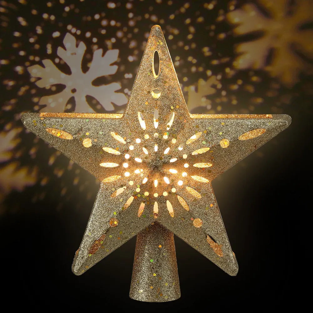 Jingle Jollys Christmas Tree Topper Star Snowflake Projector Party Glitter Gold - Image 3