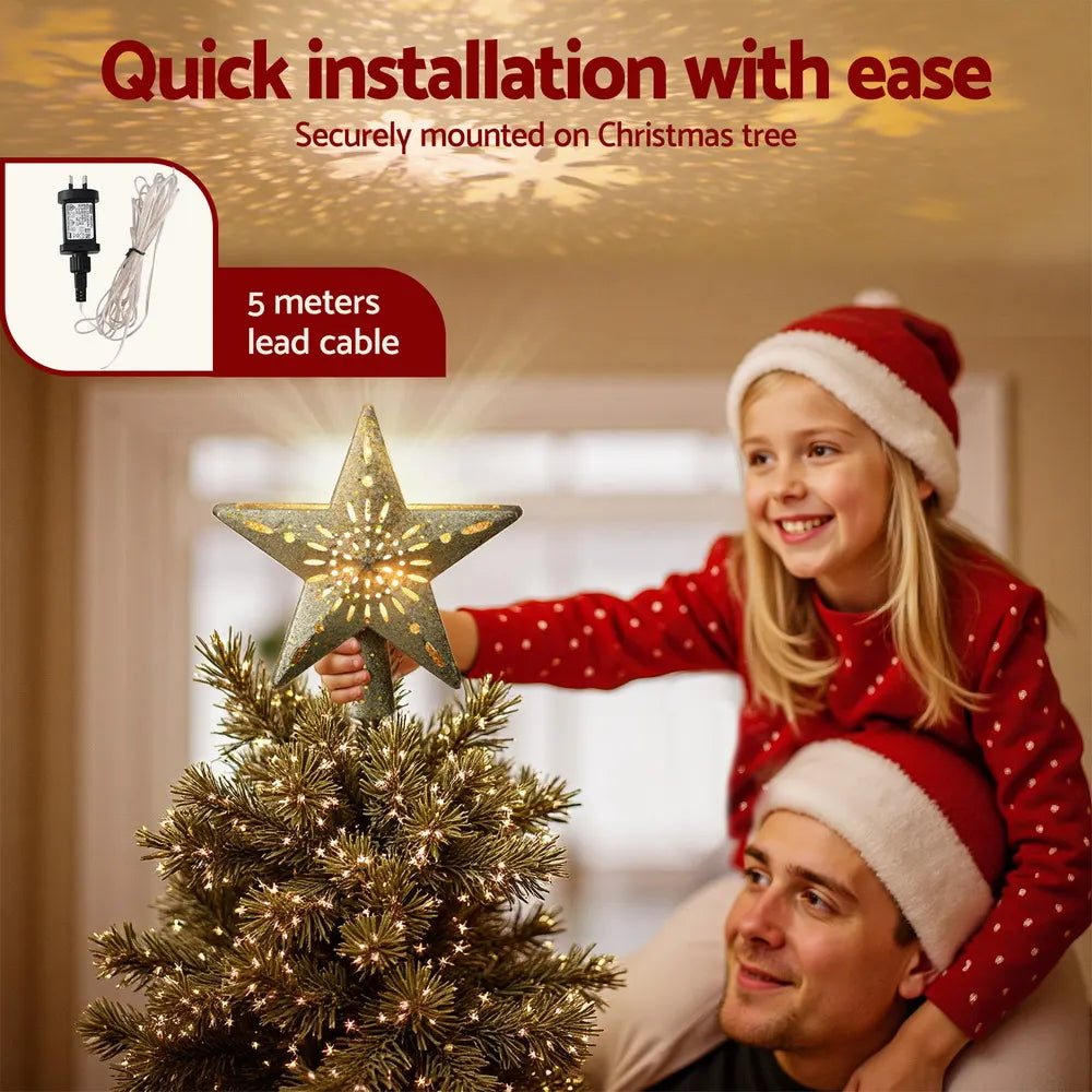 Jingle Jollys Christmas Tree Topper Star Snowflake Projector Party Glitter Gold - Image 5