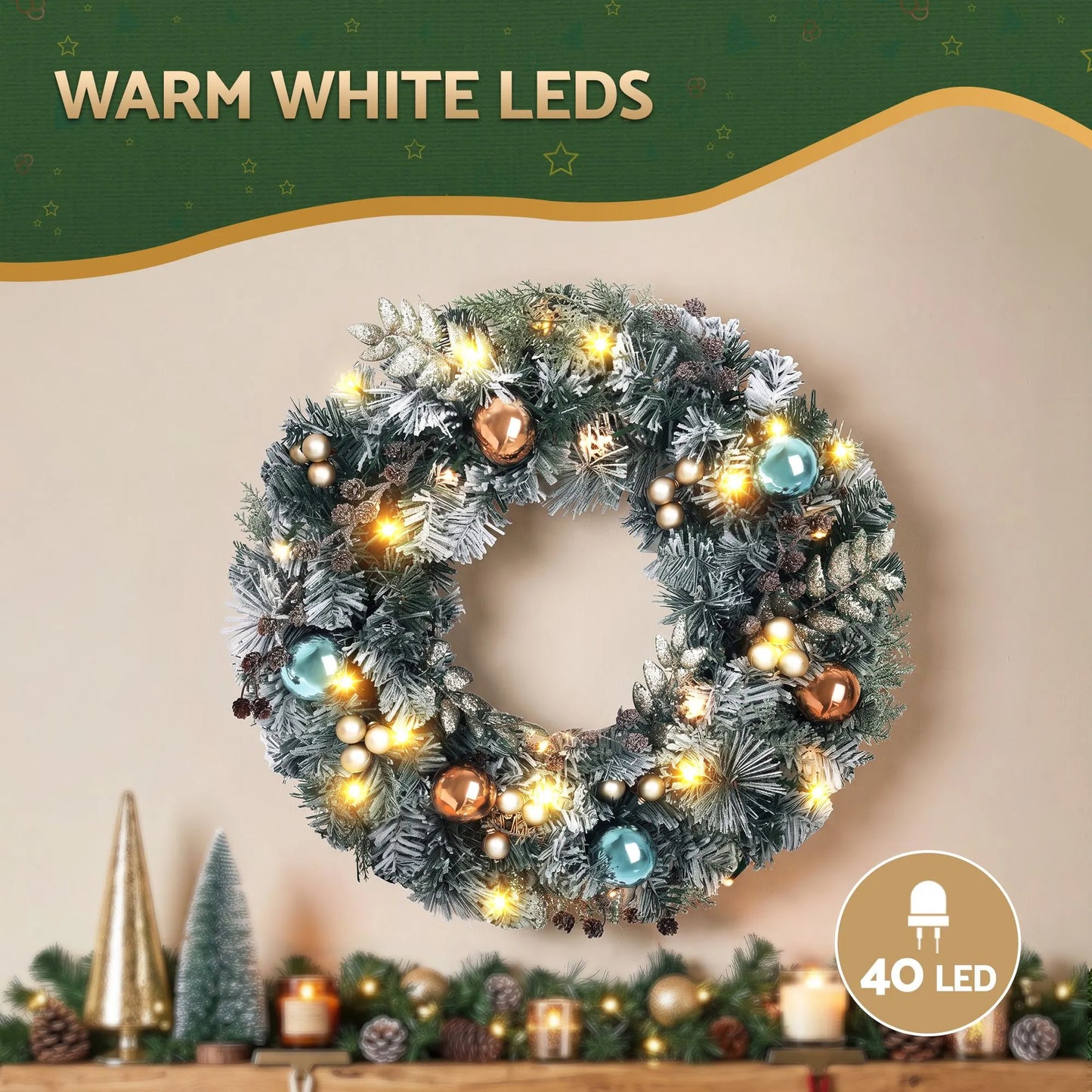 Jingle Jollys 60cm Christmas Wreath with LED Lights Snowy Garland Xmas Decor - Image 5