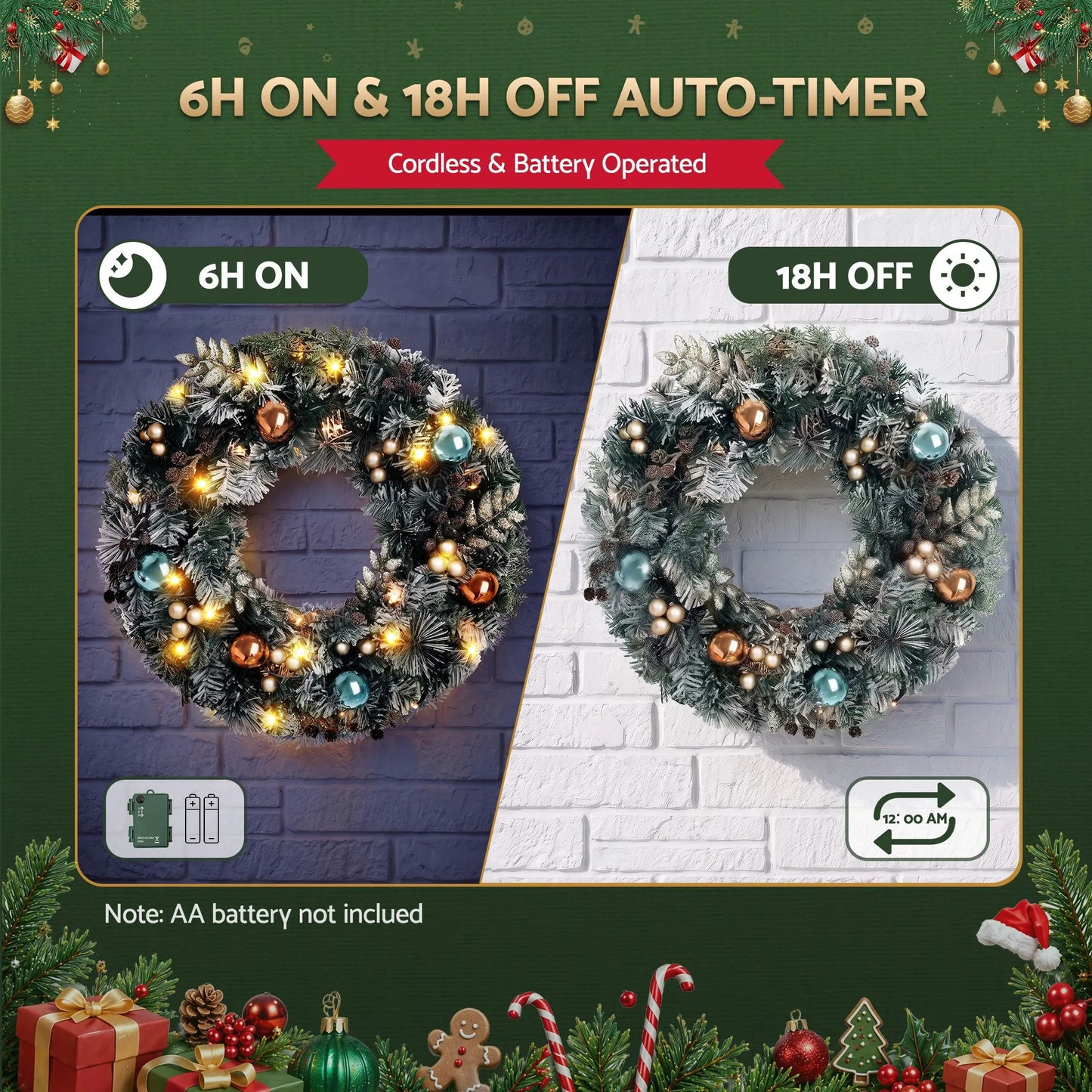 Jingle Jollys 60cm Christmas Wreath with LED Lights Snowy Garland Xmas Decor - Image 6