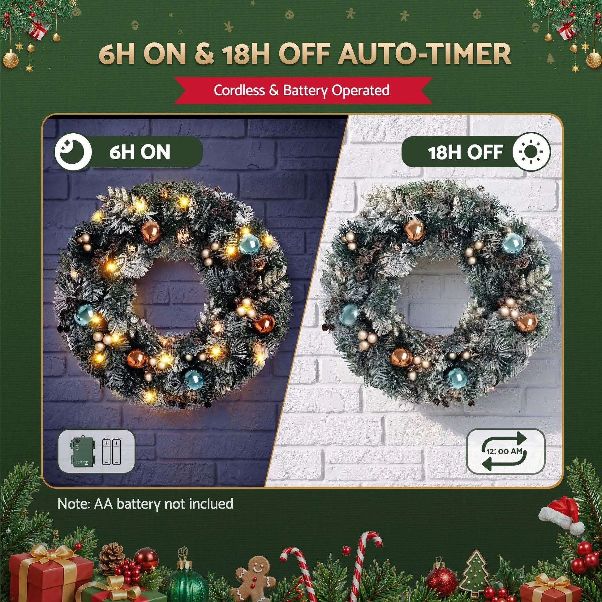 Jingle Jollys 60cm Christmas Wreath with LED Lights Snowy Garland Xmas Decor - Image 6
