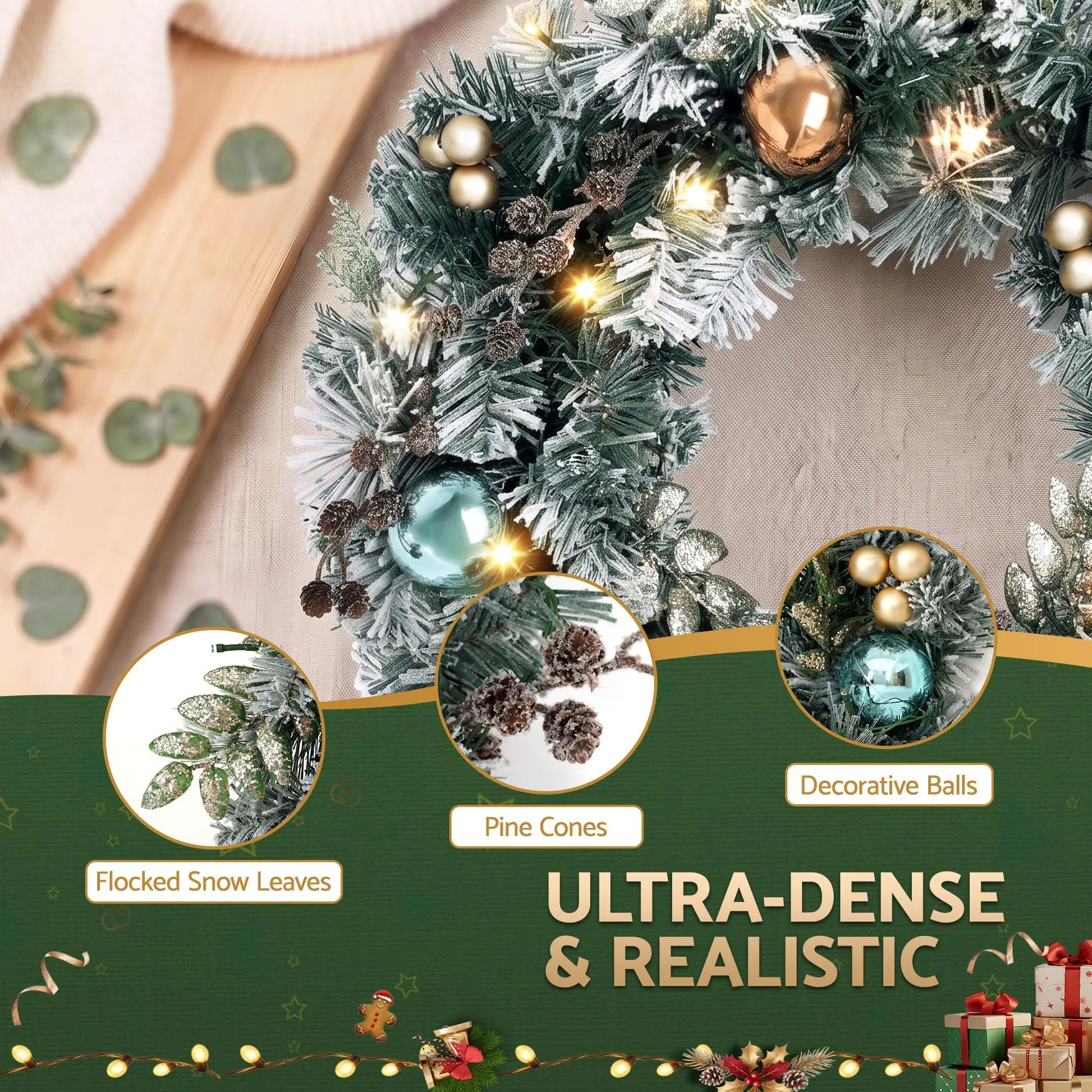 Jingle Jollys 60cm Christmas Wreath with LED Lights Snowy Garland Xmas Decor - Image 7