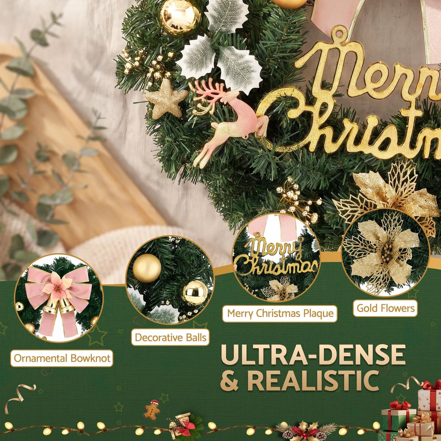 Jingle Jollys Christmas Wreath 60CM Garland Flowers Baubles Party Decorations - Image 5