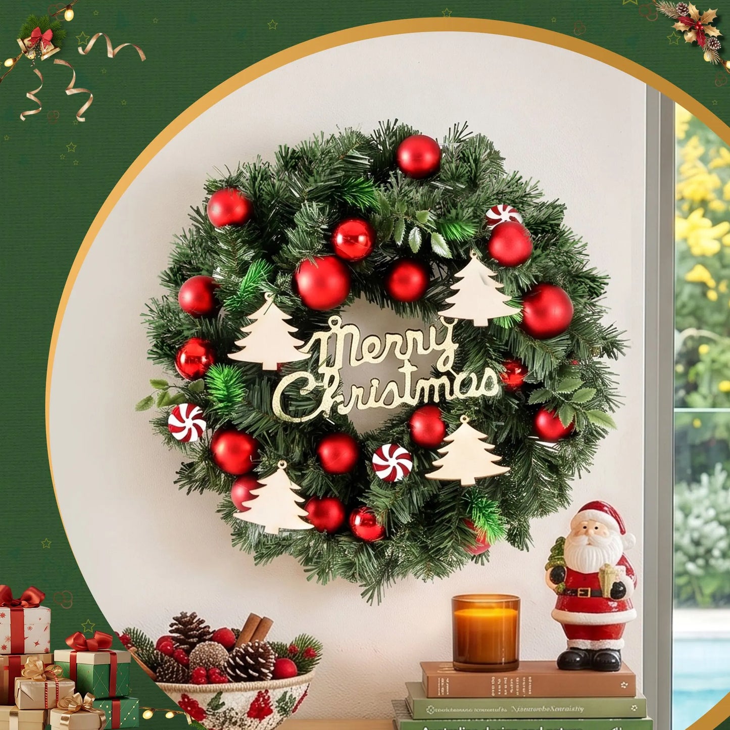 Jingle Jollys Christmas Wreath 40CM Xmas Garland Baubles Ornaments Party Decor - Image 4