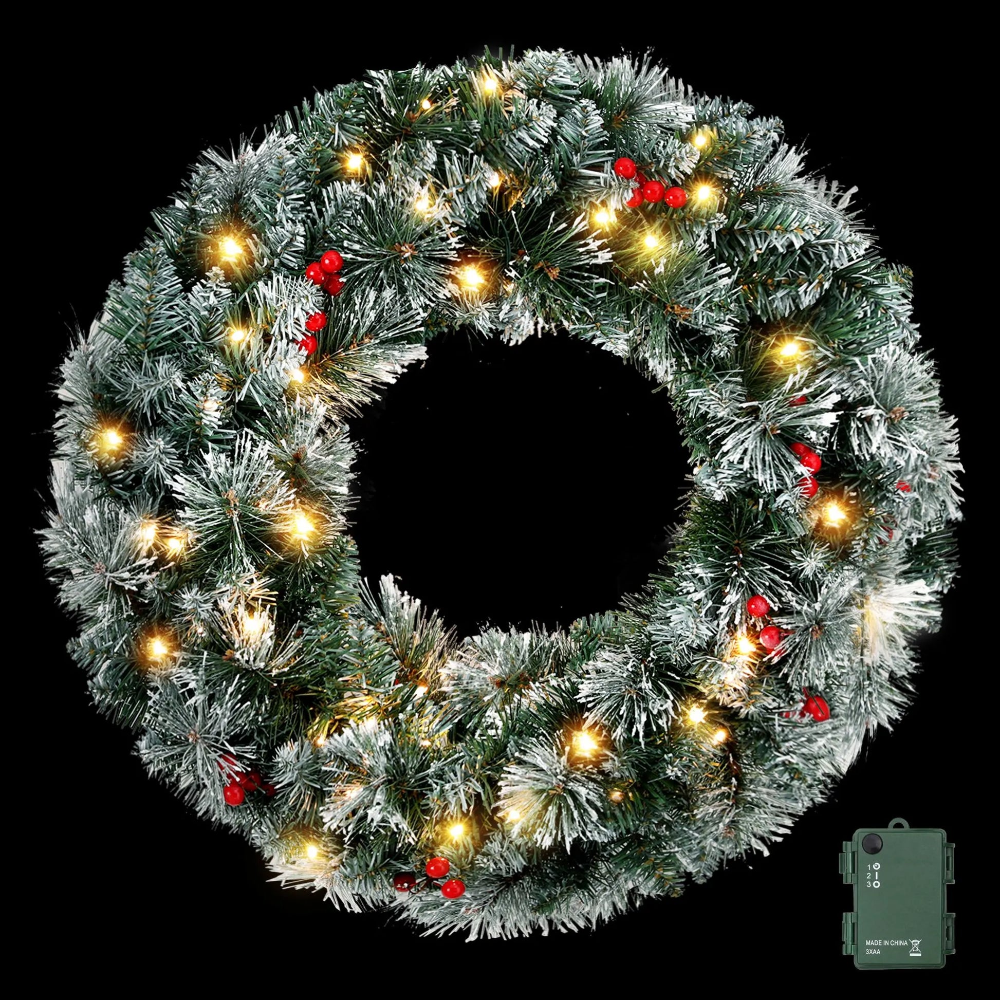 Jingle Jollys 60cm Christmas Wreath LED Lights Snowy Berries Garland Party Decor