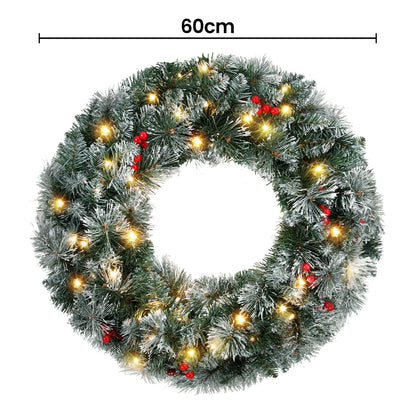 Jingle Jollys 60cm Christmas Wreath LED Lights Snowy Berries Garland Party Decor - Image 2
