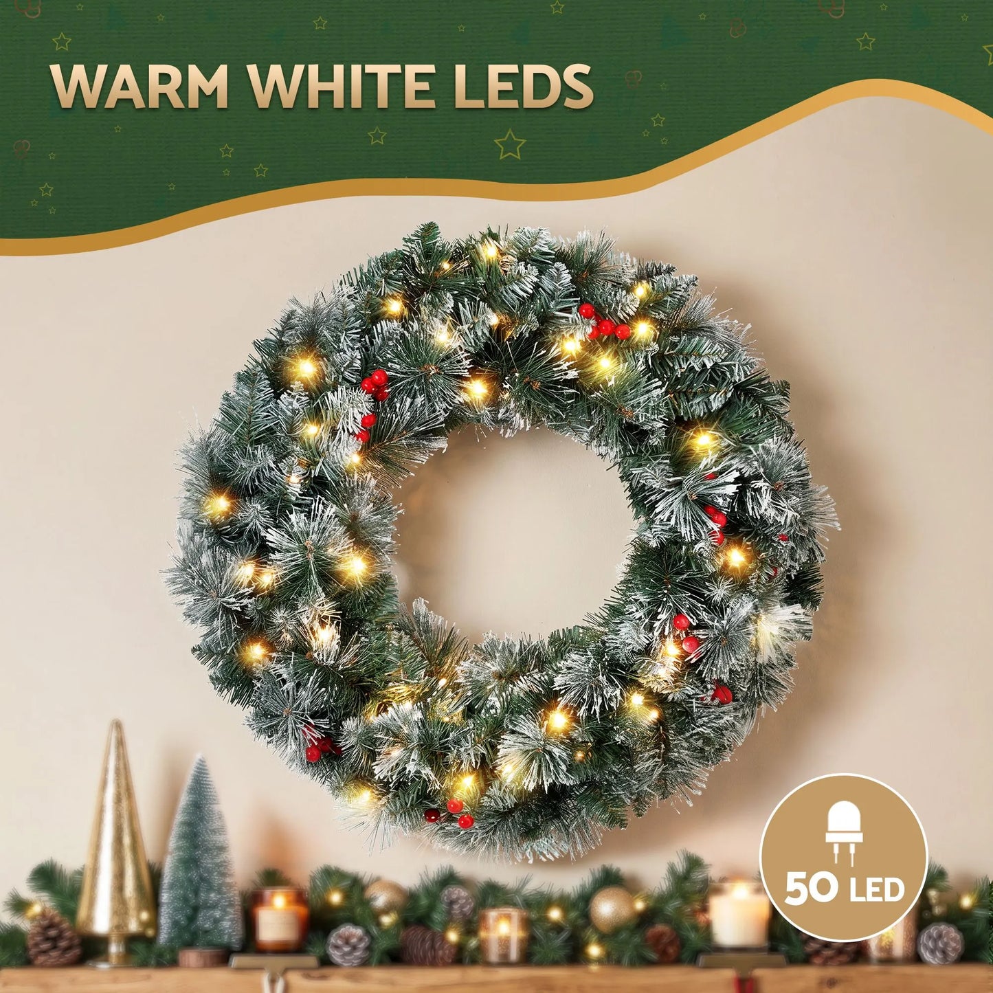 Jingle Jollys 60cm Christmas Wreath LED Lights Snowy Berries Garland Party Decor - Image 5