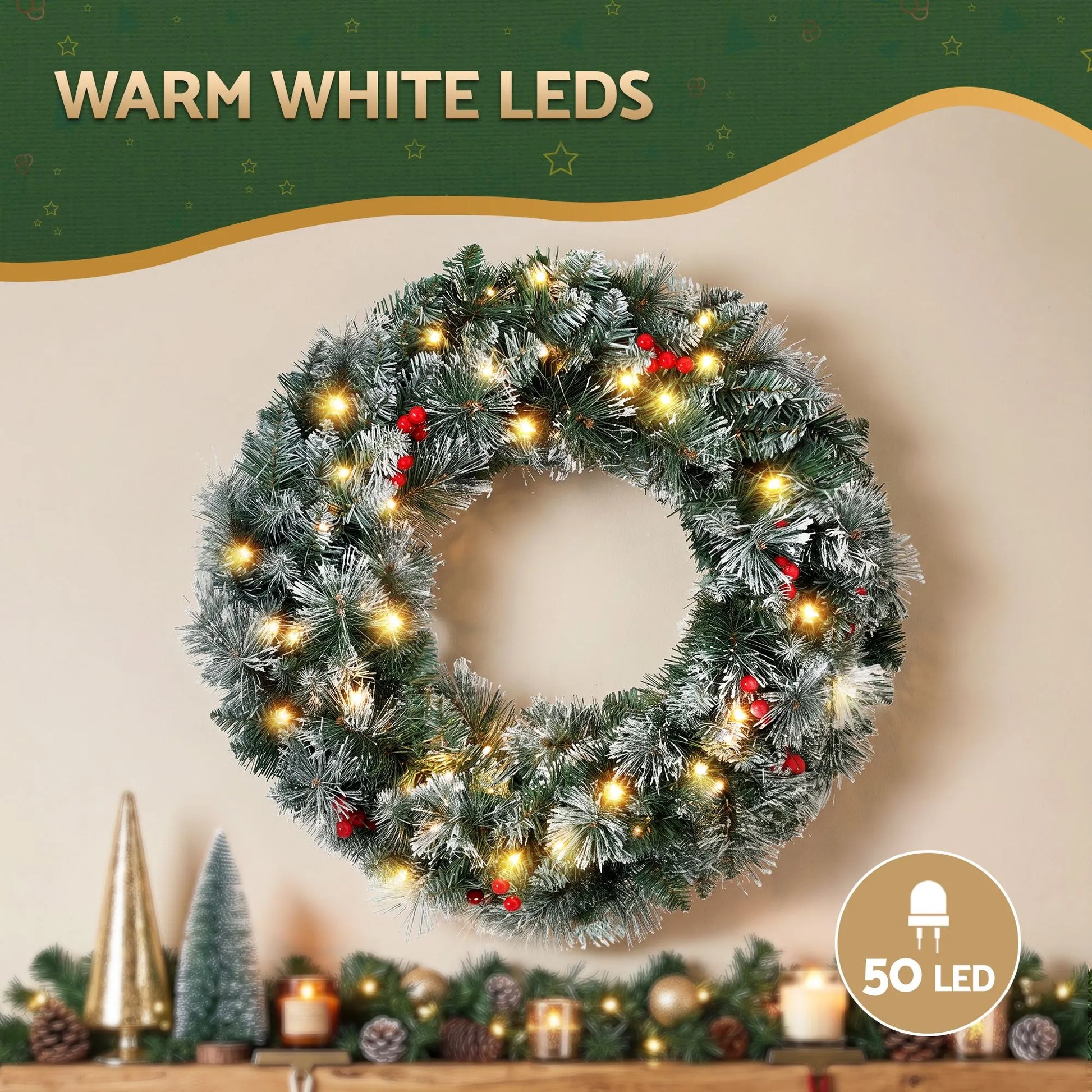 Jingle Jollys 60cm Christmas Wreath LED Lights Snowy Berries Garland Party Decor - Image 5