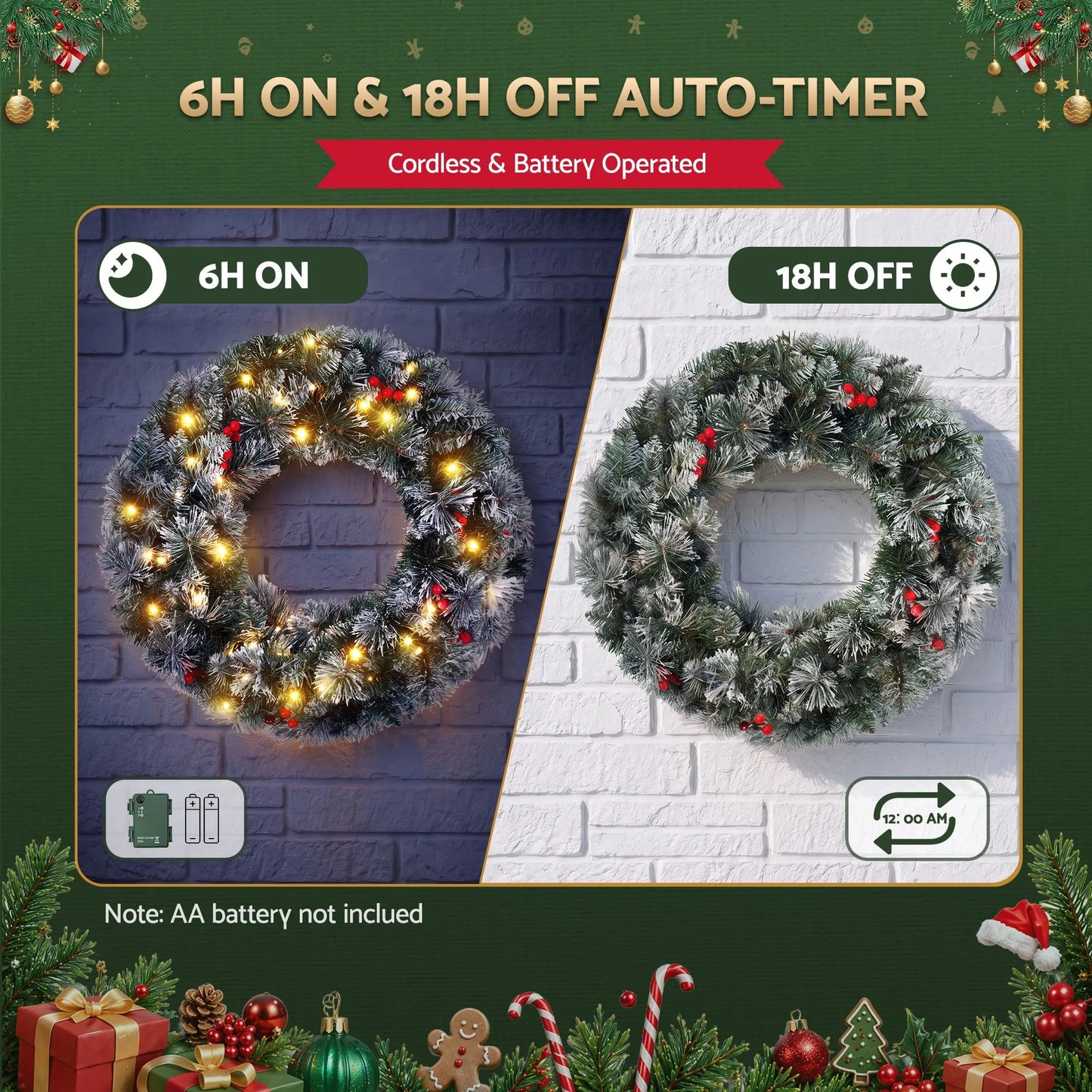 Jingle Jollys 60cm Christmas Wreath LED Lights Snowy Berries Garland Party Decor - Image 6
