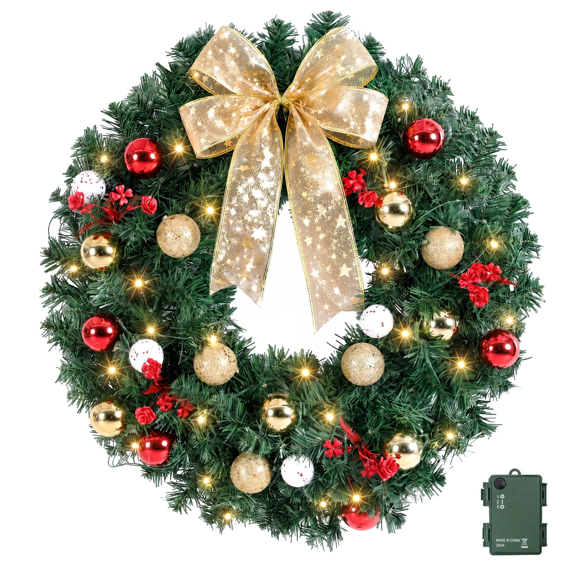 Jingle Jollys Christmas Wreath 60CM LED Garland Berries Bow Baubles Xmas Decor - Image 4