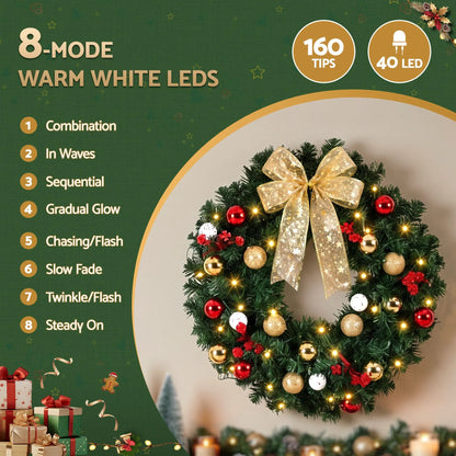 Jingle Jollys Christmas Wreath 60CM LED Garland Berries Bow Baubles Xmas Decor - Image 5