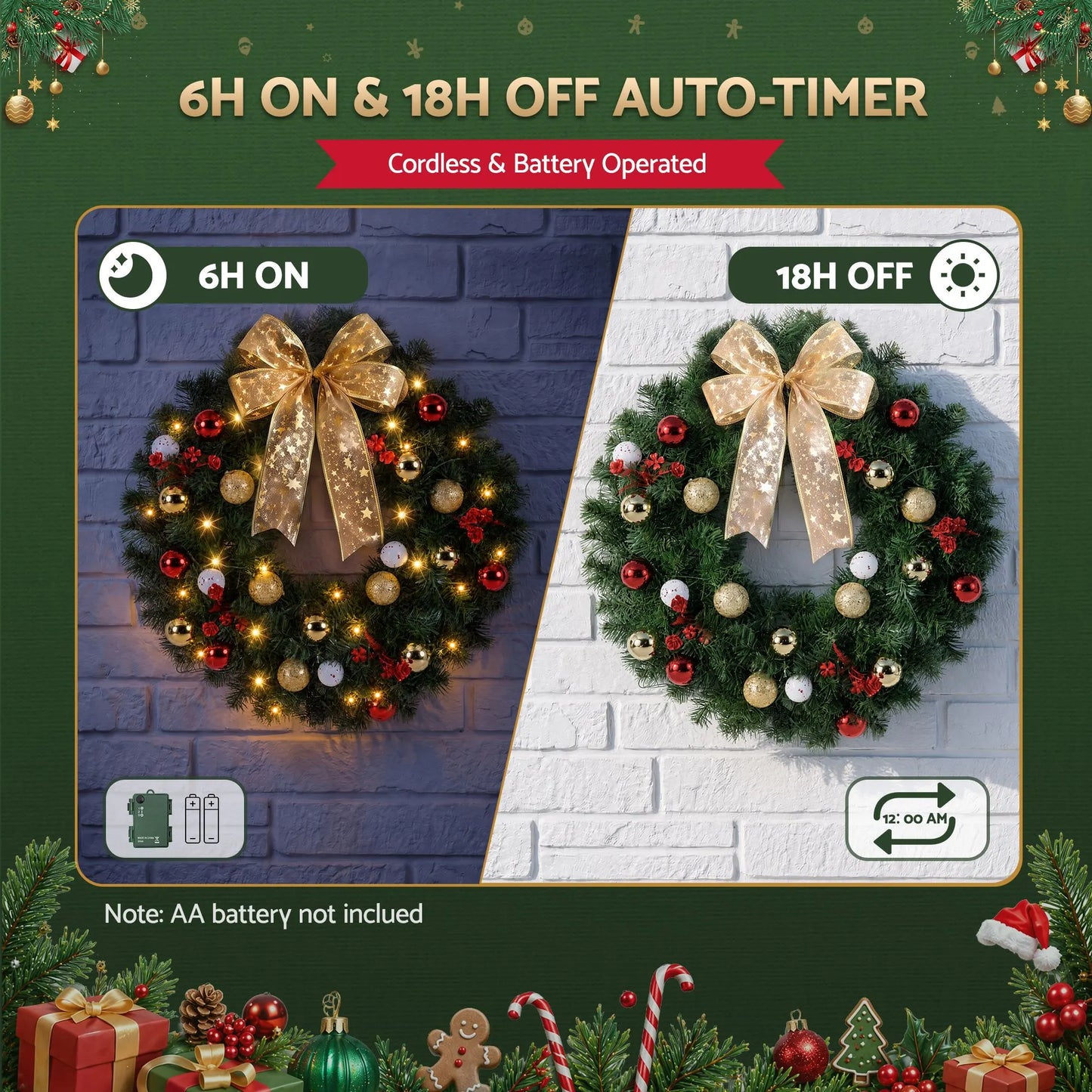 Jingle Jollys Christmas Wreath 60CM LED Garland Berries Bow Baubles Xmas Decor - Image 6