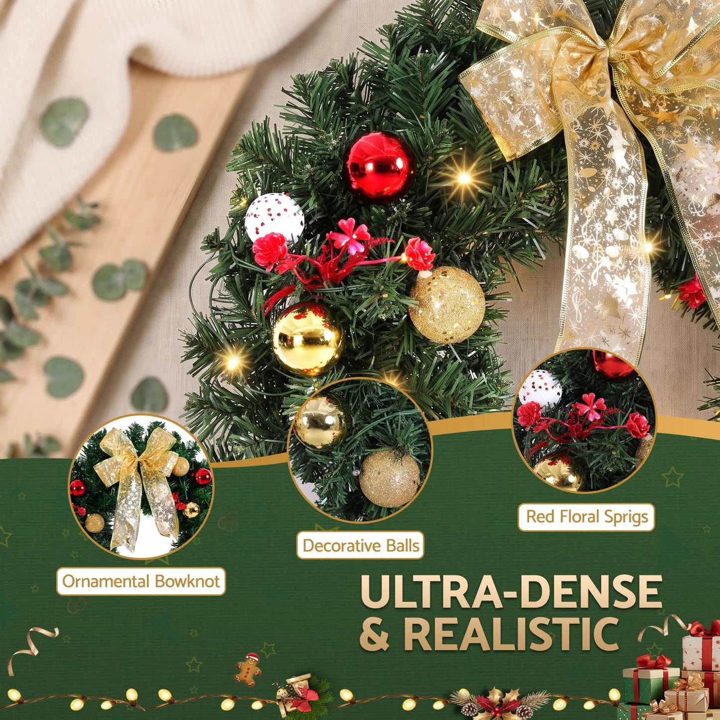 Jingle Jollys Christmas Wreath 60CM LED Garland Berries Bow Baubles Xmas Decor - Image 7