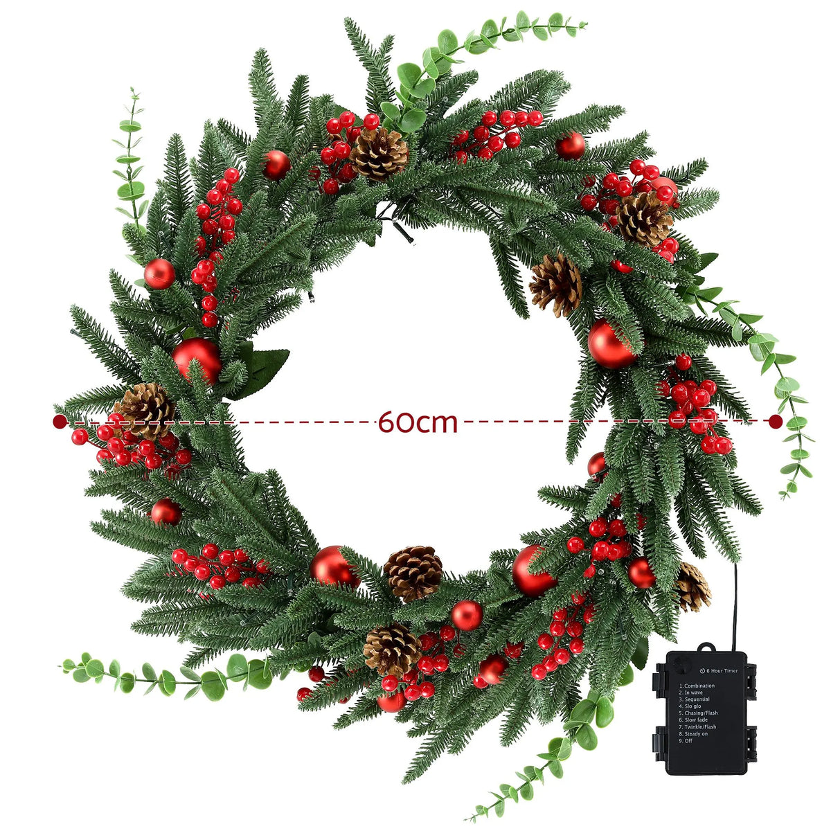 Jingle Jollys 60cm Pre-Lit Christmas Wreath LED Light Front Door Xmas Decor Garland - Image 2