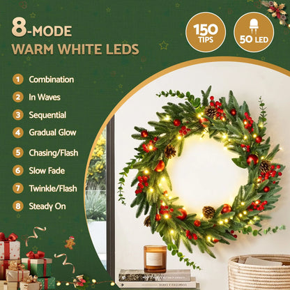 Jingle Jollys 60cm Pre-Lit Christmas Wreath LED Light Front Door Xmas Decor Garland - Image 4
