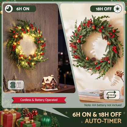 Jingle Jollys 60cm Pre-Lit Christmas Wreath LED Light Front Door Xmas Decor Garland - Image 5