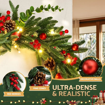 Jingle Jollys 60cm Pre-Lit Christmas Wreath LED Light Front Door Xmas Decor Garland - Image 6